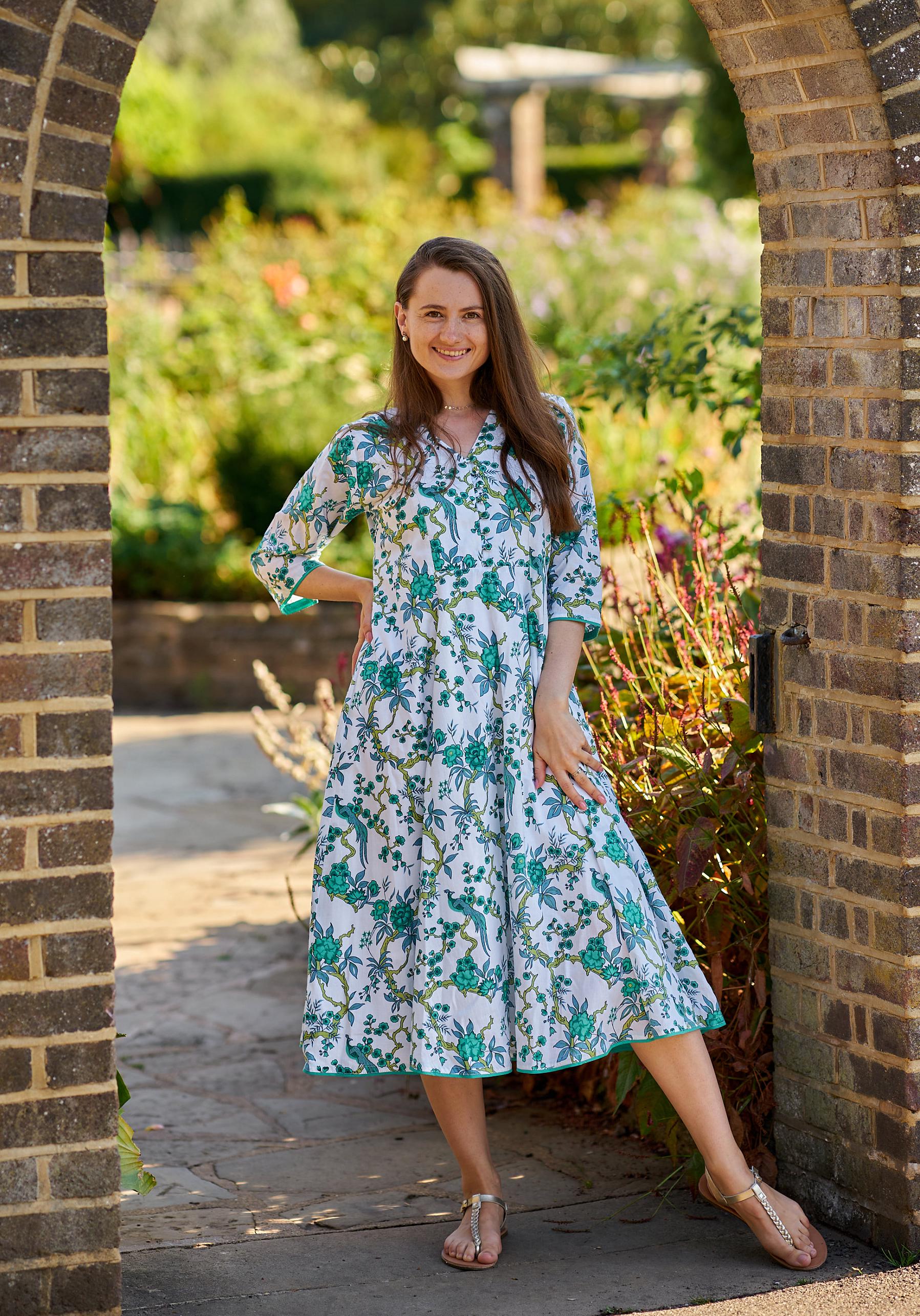 bohemian peacock dress Peacock-Dress,Calf Length,Hand Block Printed,Bohemian,Floral,White,Green,Casual,Occasional,Handmade,Ethical Fashion,Panelled cat_holiday_shop Modern Green Dress Shirts Canvas or Frame Option:White Frame Uniquely crafted and sustainably