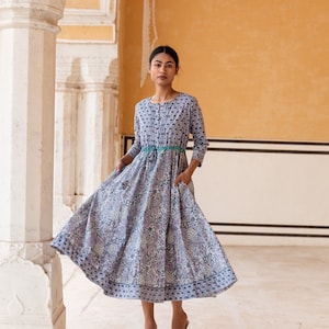New Oceana Dress,Pure Cotton,Hand Block Printed,Bohemian,Casual-Occasional,Holiday,Summer,Greyish Blue,White,Handcrafted,Ethical Fashion