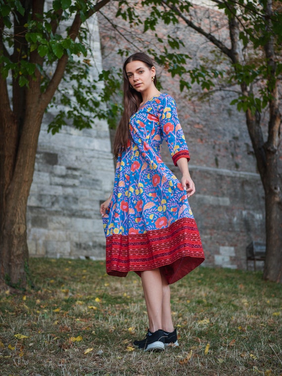 Buy Radha-dress,calf Length,hand Block Printed,bohemian,ikat,floral,casual,occasional,pure  Cotton,handmade,ethical Fashion,panelled,blue,red Online in India 