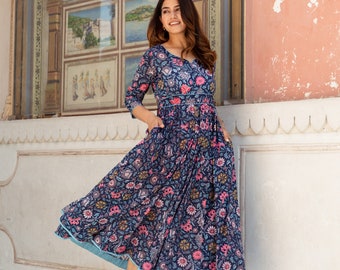 New Amiya Anarkali Dress,Pure Cotton,Bohemian,Occasional,Navy Blue,Hand Block Printed,Ethical Fashion,Handcrafted,Panelled