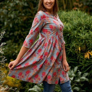 New Katja-Tunic Dress,Pure Cotton,Hand Block Printed,Bohemian,Casual-Occasional,Holiday,Summer,Grey,Pink,Handmade,Ethical Fashion