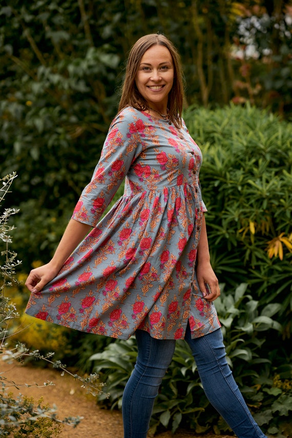 New Katja-Tunic Dress,Pure Cotton,Hand Block Printed,Bohemian,Casual-Occasional,Holiday,Summer,Grey,Pink,Handmade,Ethical Fashion