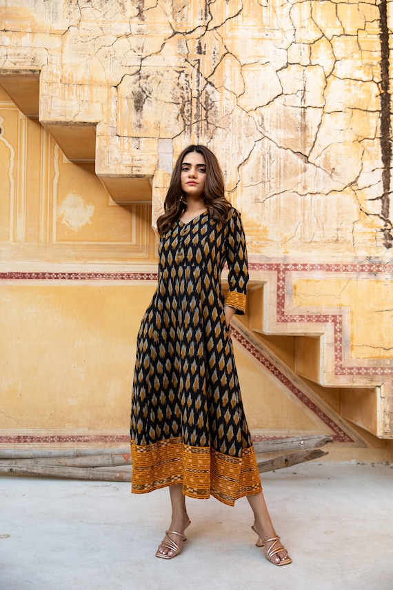 Satyavati-Dress,Calf Length,Ikat,Hand Loom,Bohemian,Black,Yellow,Casual,Occasional,Pure Cotton,Handmade,Ethical Fashion,Panelled