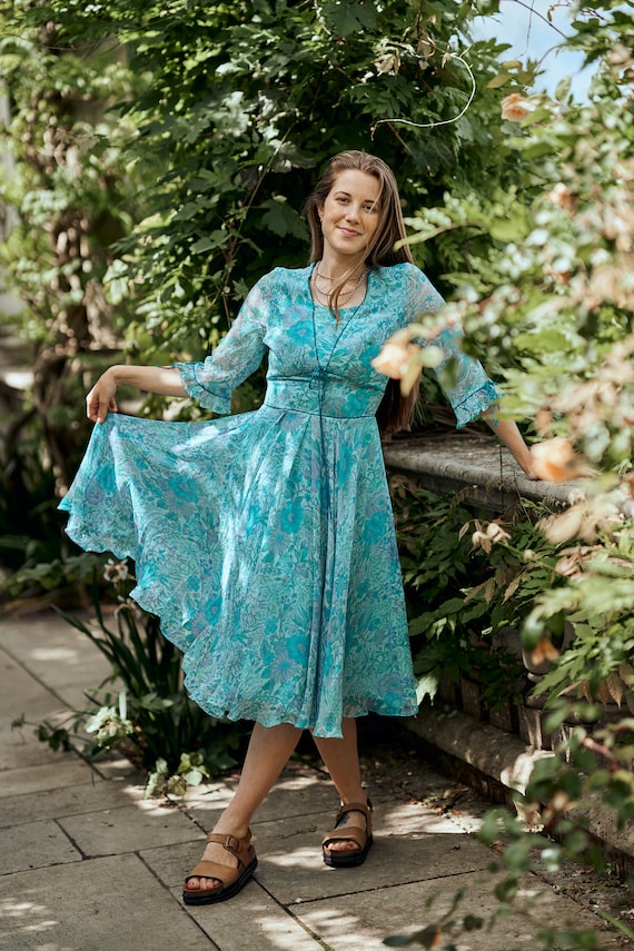 Kandarpa pure Silk Dress calf Length bohemian casual occasional floral chiffon handmade ethical Fashion unique summer white turquoise Etsy Canada