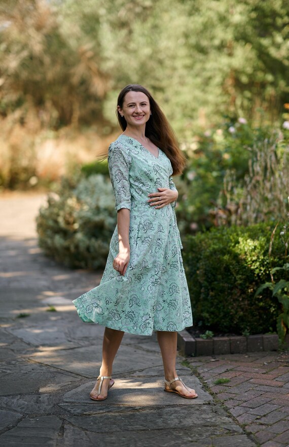 New Jade anarkali Dress hand Block Printed bohemian green white wrap Dress casual occasional floral pure Cotton ethical Fashion Etsy
