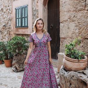 New Bellerose-Bohemian Dress,Hand Printed Cotton,Casual,Occasional,Pure Cotton,Handcrafted,Ethical Fashion,Floral,Grey,Pink,Summer