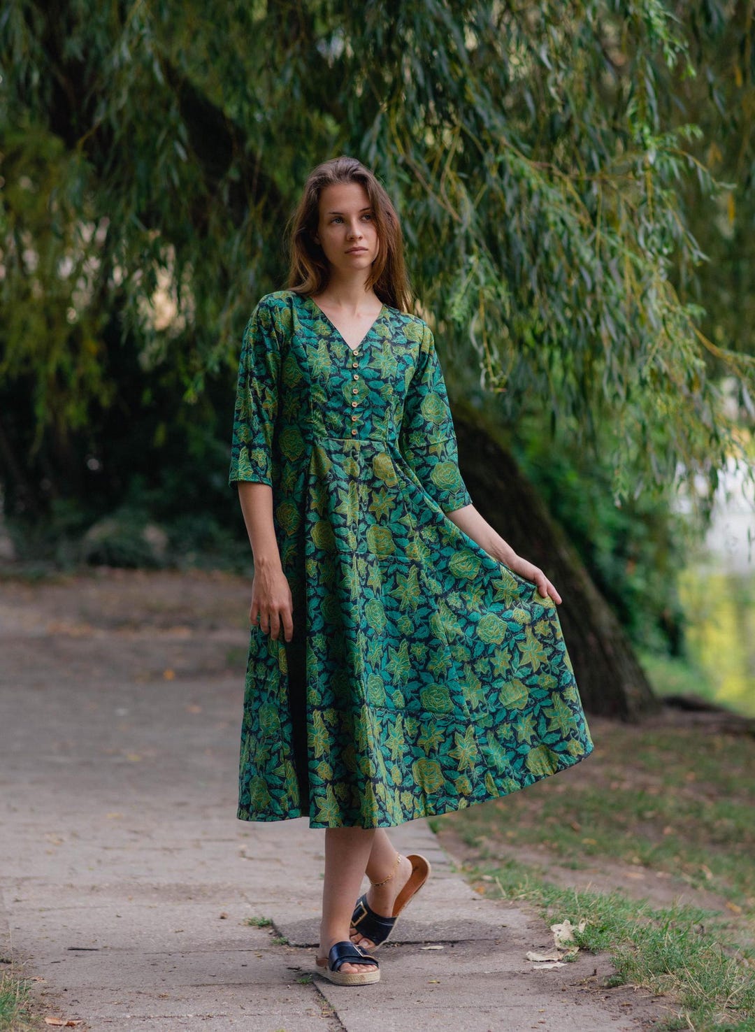 Robe courte, Longueur mi-mollet, Imprimé main, Bohème, À fleurs