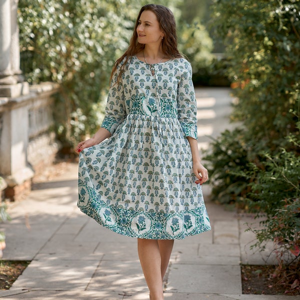 New Amrita-Tunic Dress,Pure Cotton,Hand Block Printed,Bohemian,Casual-Occasional,Holiday,Summer,White,Blue,Handcrafted,Ethical Fashion