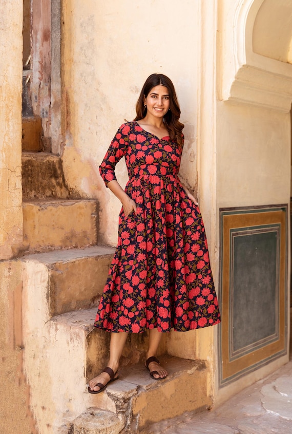 anarkali dress knee length New Rasarani - Hand Block Printed Dress,pure Cotton,bohemian,occasional,ethical Fashion,handcrafted,panelled,dark Blue,pink cf-size-us12