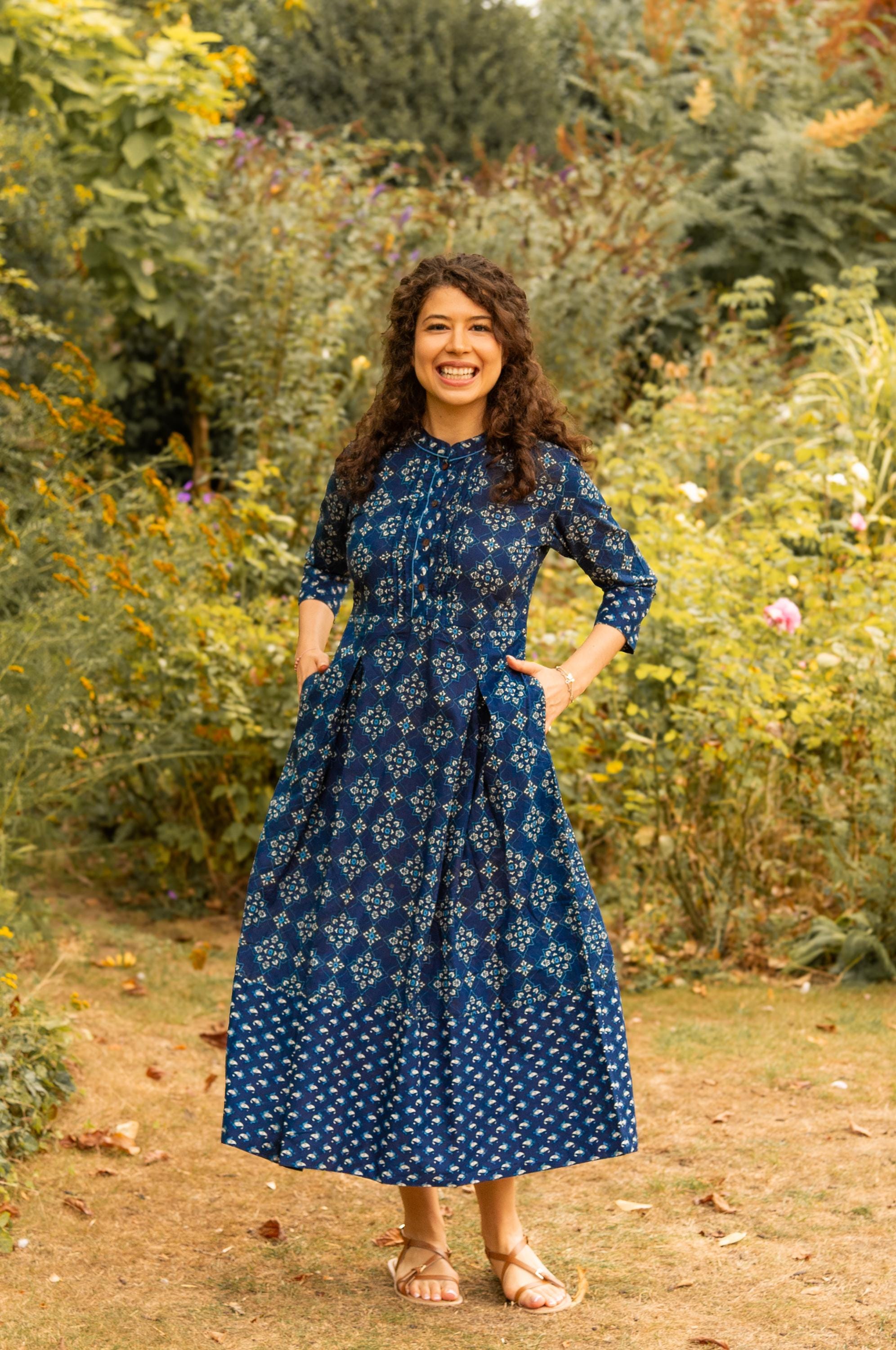 New Estelle-dress,a-line,calf Length,bohemian,holiday,pure Cotton,hand Block Printed,blue,white,handmade,ethical Fashion,spring-summer