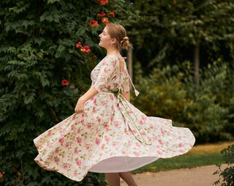 Wild Roses-dress,floral,hand Block Printed,bohemian,white Wild Roses-dress,floral,hand Block Printed,bohemian,white