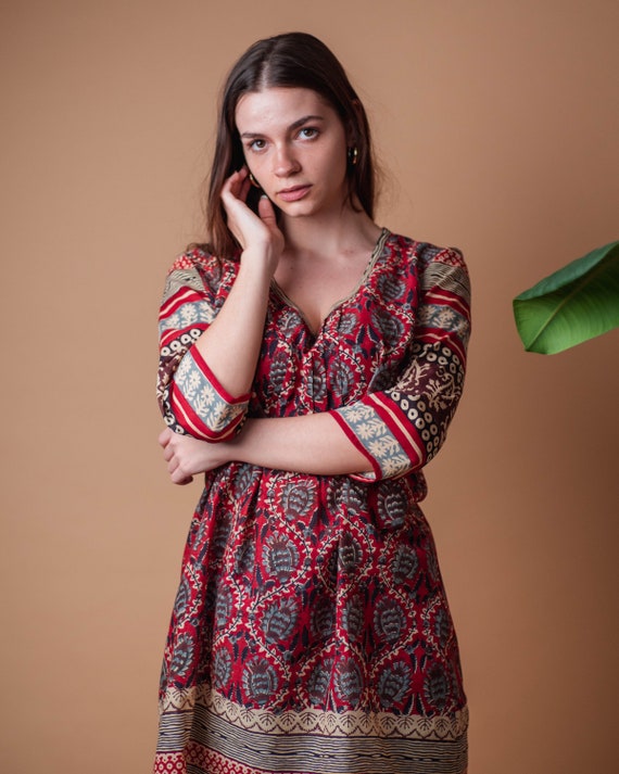 New Vaani Tunic Dress pure Cotton hand Block Printed floral holiday casual red grey black bohemian ethnic ethical Fashion handcrafted summer Etsy