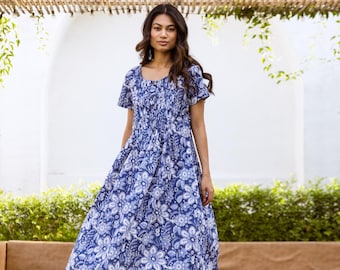 Novo vestido Alohi-Boho, algodão estampado à mão, casual, para ocasiões especiais, 100% algodão, feito à mão, moda ética, floral, azul e branco.