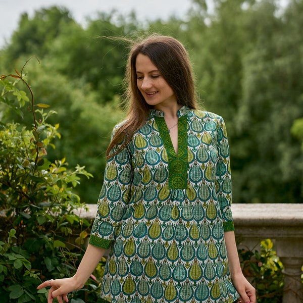 New Ananda Tunic Shirt,Pure Cotton,Hand Block Printed,Holiday,Casual,White,Green,Bohemian,Floral,Ethical Fashion,Handcrafted,Summer