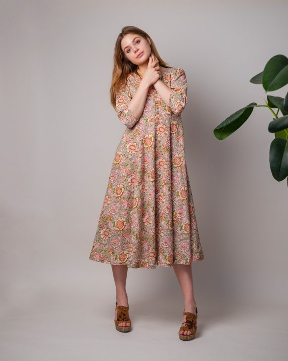 New Katie-bohemian Midi Dress,hand Block Printed Cotton,casual