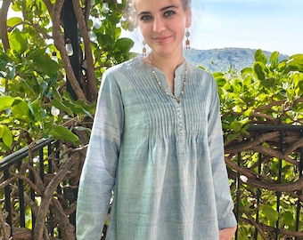 Nueva camisa túnica de algodón tejida a mano Skyla, algodón puro, vacaciones, casual, azul claro, boho, kurti, moda ética, hecha a mano, verano