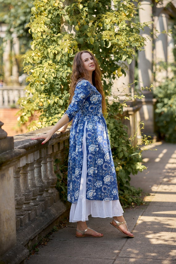 New Kanana bohemian Dress hand Block Printed Cotton casual occasional pure Cotton handcrafted ethical Fashion floral blue white Etsy Canada