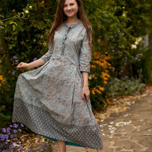 Aishwarya-Kleid,A-Linie,Wadenlang,Boho,Holiday,Reine Baumwolle,Hand-Block-Print,Grau,Blau,Handmade,Ethical Fashion,Frühling-Sommer-Herbst