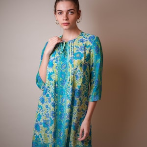 Ella-Pure Silk Tunic Dress,Romantic,Beach,Cream,Turquoise,Floral,Crepe de Chine,Bohemian,Handmade,Slow Fashion,Unique,Spring,Summer