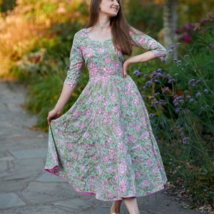 Bella-Dress,Floral,Hand Block Printed,Bohemian,Blue,Rose,Casual,Occasional,Pure Cotton,Handmade,Ethical Fashion,Panelled,Limited Edition