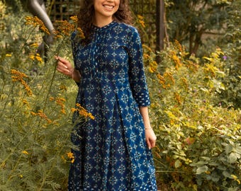 blue medallion floral estelle scalloped dress New Estelle-Dress,A-line,Calf Length,Bohemian,Holiday,Pure Cotton,Hand Block Printed,Blue,White,Handmade,Ethical Fashion,Spring-Summer Puff sleeve