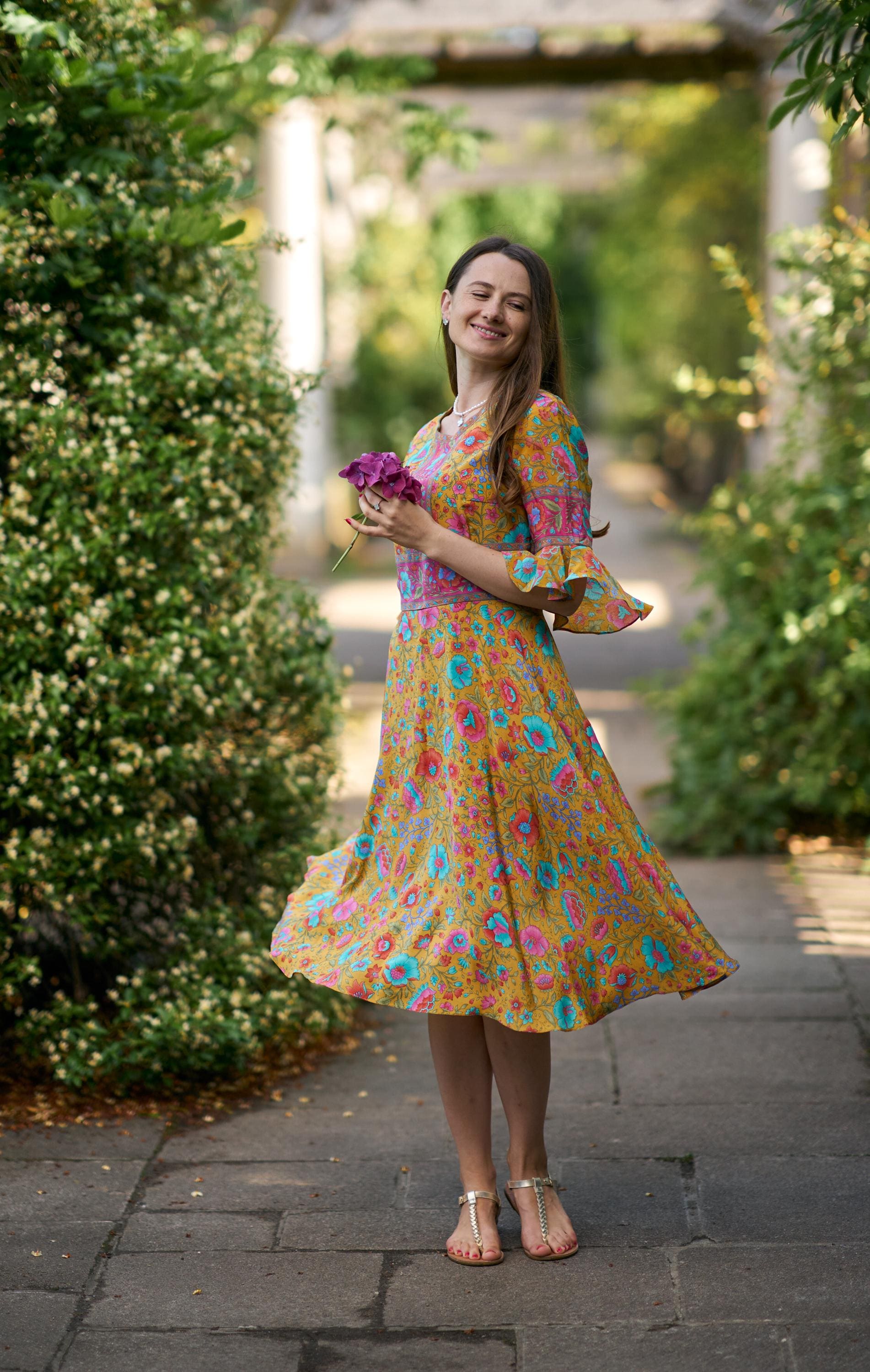 knee length dresses for ladies Multicolor Floral Block Print Cotton Boho Tier Midi Dress