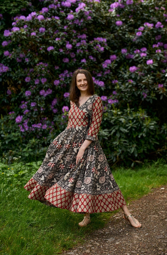 New Katie-bohemian Midi Dress,hand Block Printed Cotton,casual