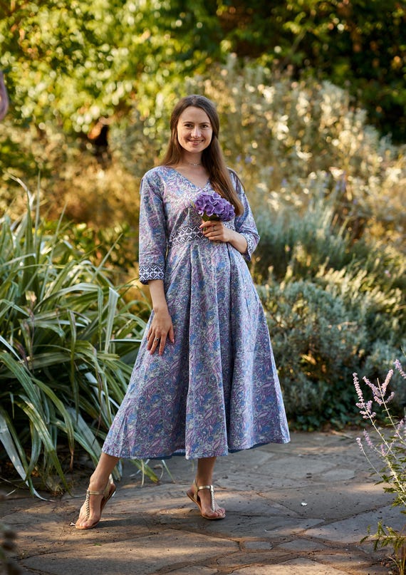 Violet - Hand Block Printed Bohemian Dress,calf Length,floral
