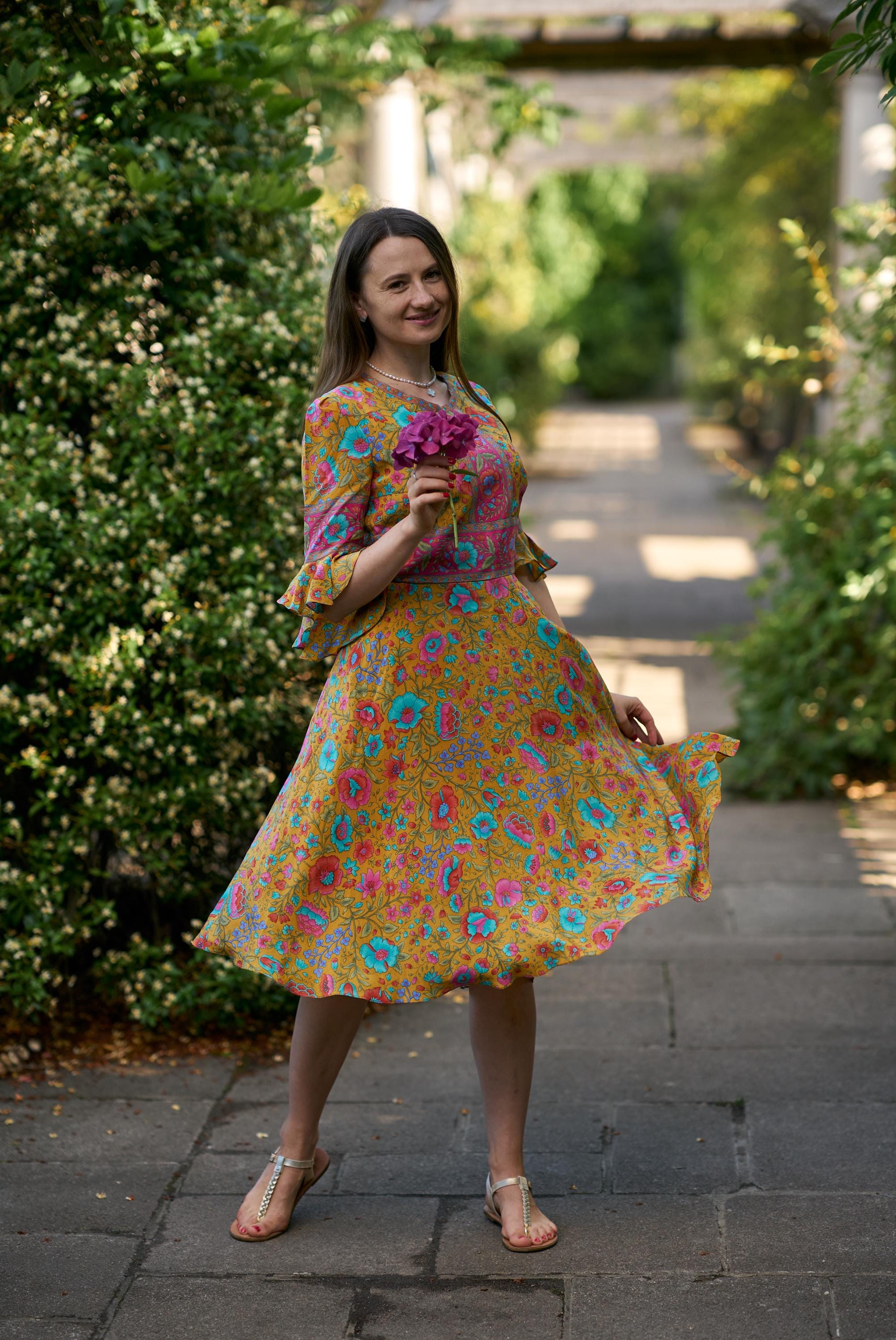Jardin-Pure Silk Dress,Knee Length,Bohemian,Casual,Occasional,Floral,Crepe de Chine,Handmade,Ethical Fashion,Unique,Summer,Yellow,Multicolor