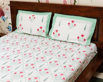 Pink Lilies - Jaipuri Hand Block Printed Cotton Bed Cover with Two Pillow Cases,Flat Sheet,King Size,Floral,Ethically Made,Handcrafted