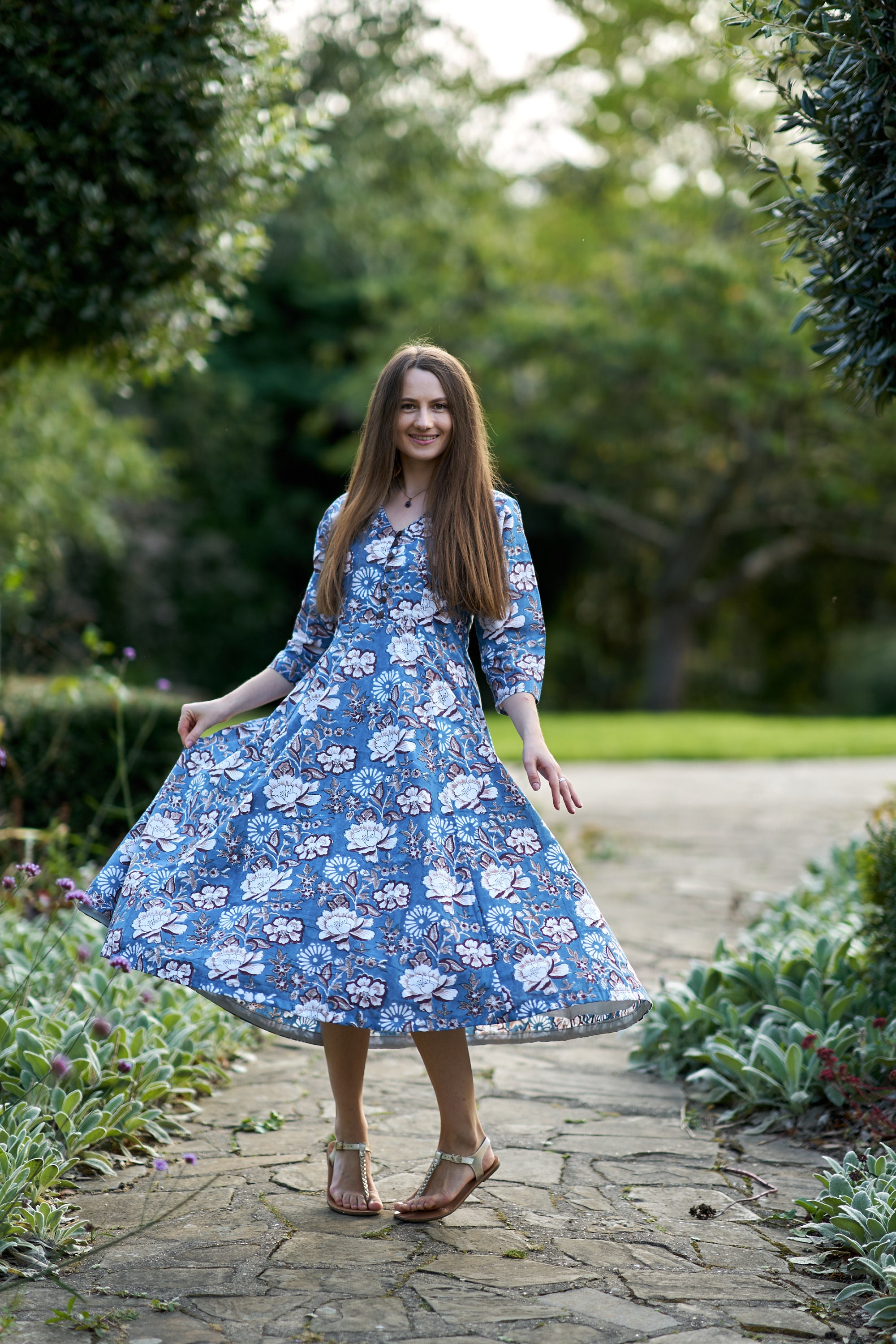 Kanana - Hand Block Printed Bohemian Dress,calf Length,floral