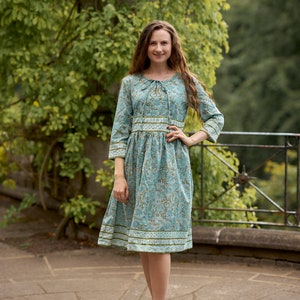 New Liana-Tunic Dress,Pure Cotton,Hand Block Printed,Bohemian,Casual-Occasional,Holiday,Summer,Blue,Green,Handcrafted,Ethical Fashion