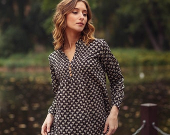 New Chameli Tunic Shirt,Pure Cotton,Hand Block Printed,Floral,Holiday,Casual,Black,Cream,Bohemian,Kurti,Ethical Fashion,Handcrafted,Summer