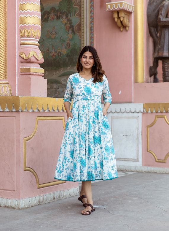 New Lili Anarkali Dress,Pure Cotton,Bohemian,Occasional,White,Turquoise,Hand Block Printed,Ethical Fashion,Handcrafted,Panelled
