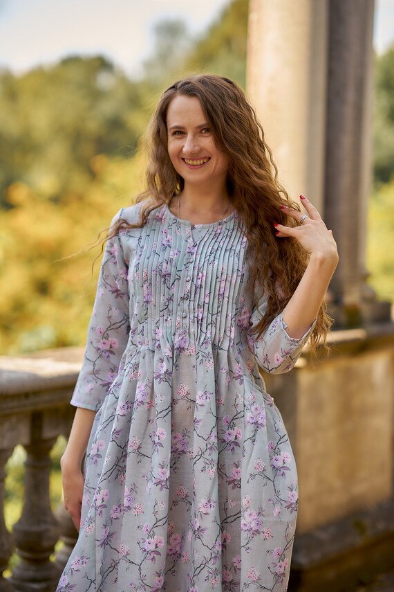 Buy New Sakura-bohemian Dress,hand Screen Printed Cotton,casual