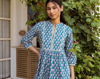 New Annie Tunic Shirt,Pure Cotton,Hand Block Printed,Holiday,Casual,Blue,Rose,Bohemian,Floral,Ethical Fashion,Handcrafted,Summer