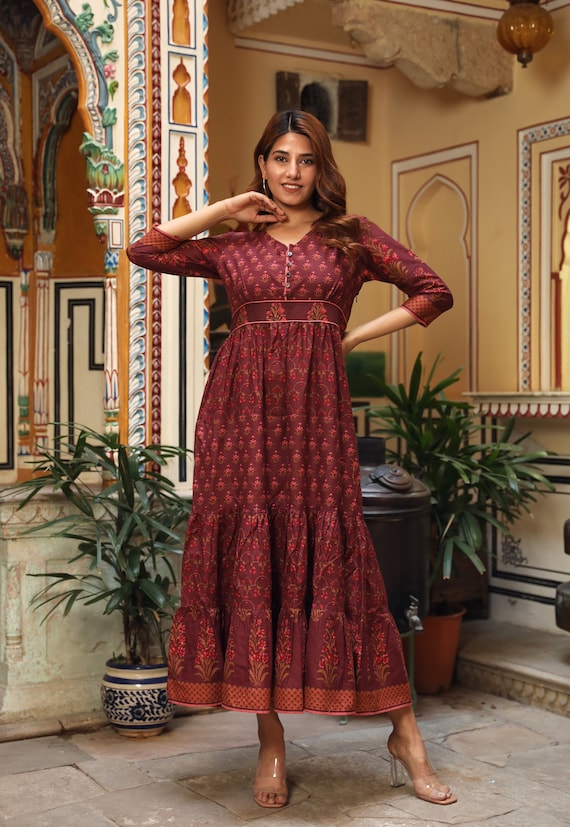 New Mirana Dress,Pure Cotton,Hand Block Printed,Bohemian,Casual-Occasional,Holiday,Spring,Summer,Maroon,Pink,Handmade,Ethical Fashion