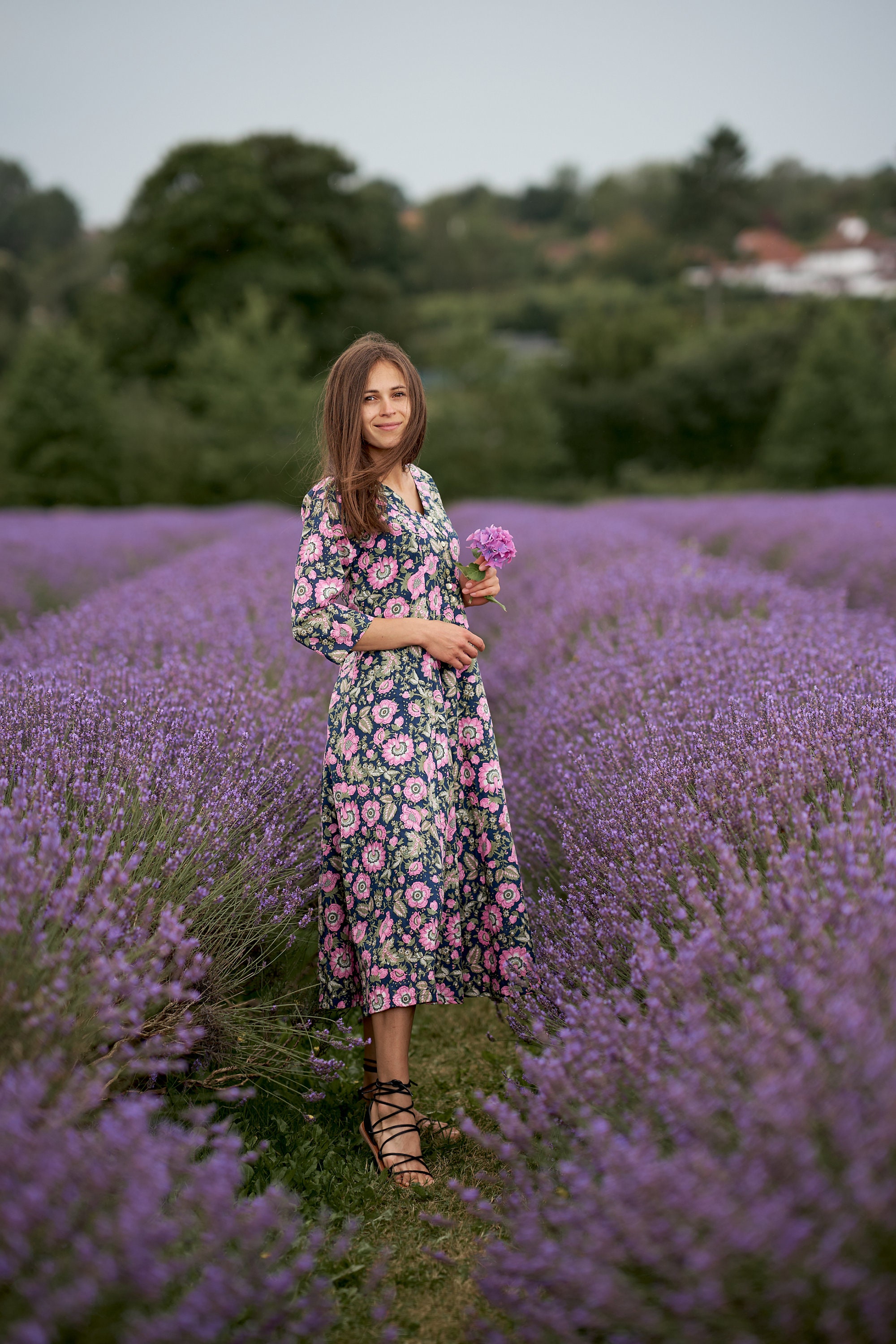 Bloom-dress,calf Length,hand Block Printed,bohemian,floral,navy