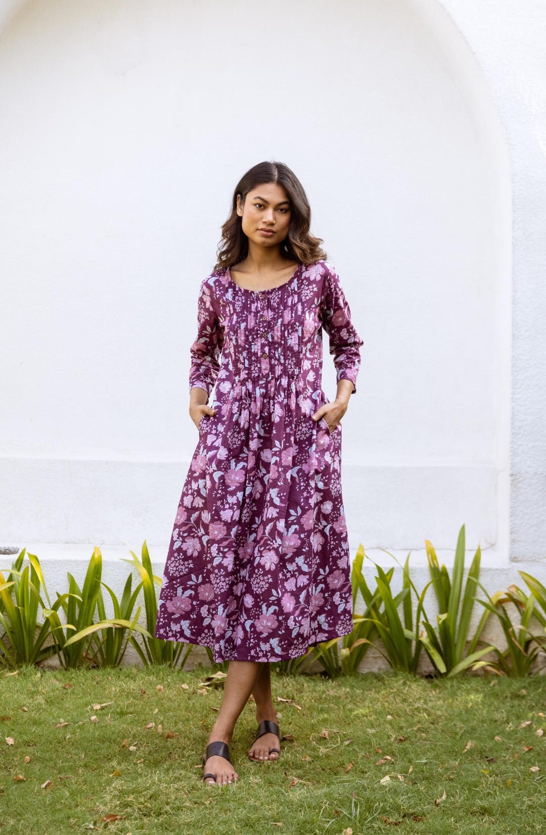 New Mulberry-Bohemian Dress,Hand Block Printed Cotton,Casual,Occasional,Pure Cotton,Handcrafted,Ethical Fashion,Floral,Purple,Rose