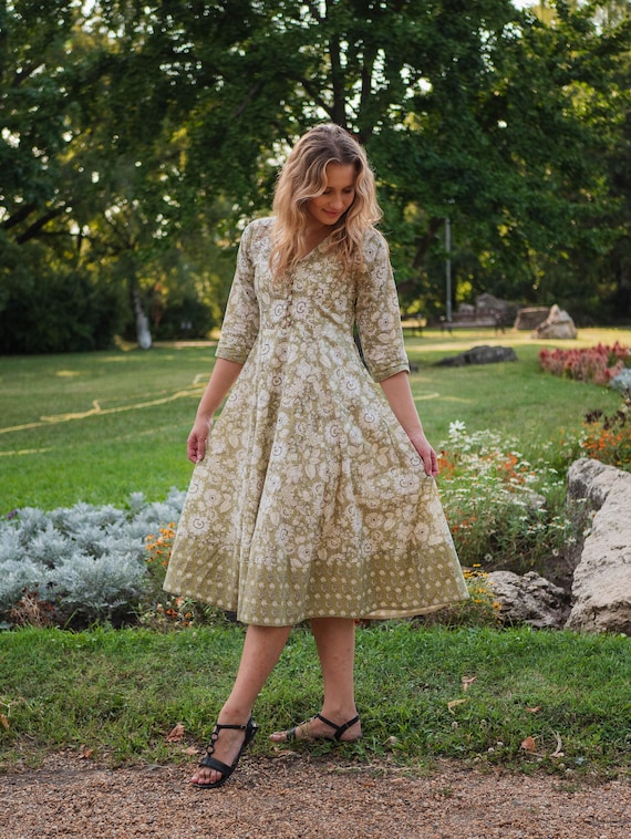 Melissa-Dress,Calf Length,Hand Block Printed,Bohemian,Floral,Green,Off White,Casual,Occasional,Handmade,Ethical Fashion,Panelled