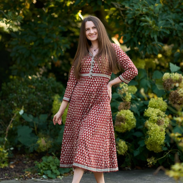 New Katie Dress,Pure Cotton,Hand Block Printed,Bohemian,Casual-Occasional,Holiday,Summer,Rusty Red,Beige,Handcrafted,Ethical Fashion