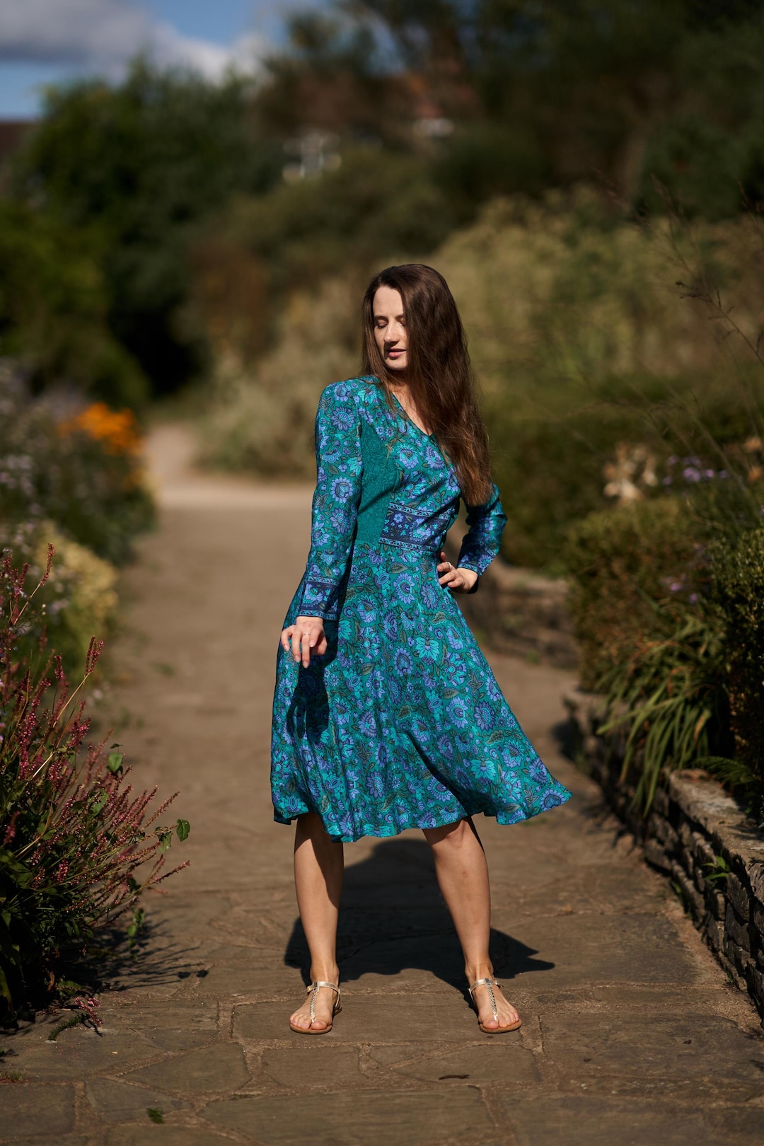 Vestido de seda pura azul, na altura do joelho, boho, casual