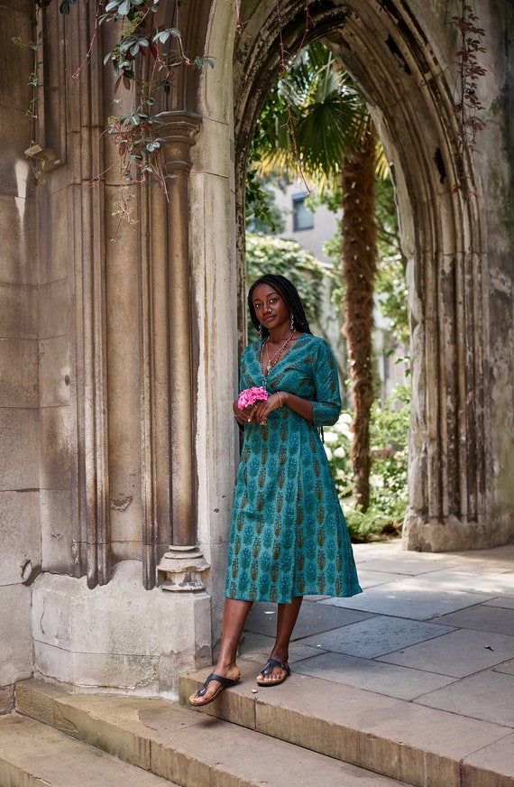 New Katie-bohemian Midi Dress,hand Block Printed Cotton,casual