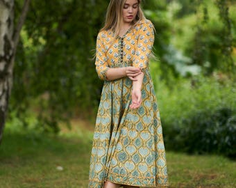 New Melina Dress,Pure Cotton,Hand Block Printed,Bohemian,Casual-Occasional,Holiday,Summer,Yellow,Green,Handcrafted,Ethical Fashion