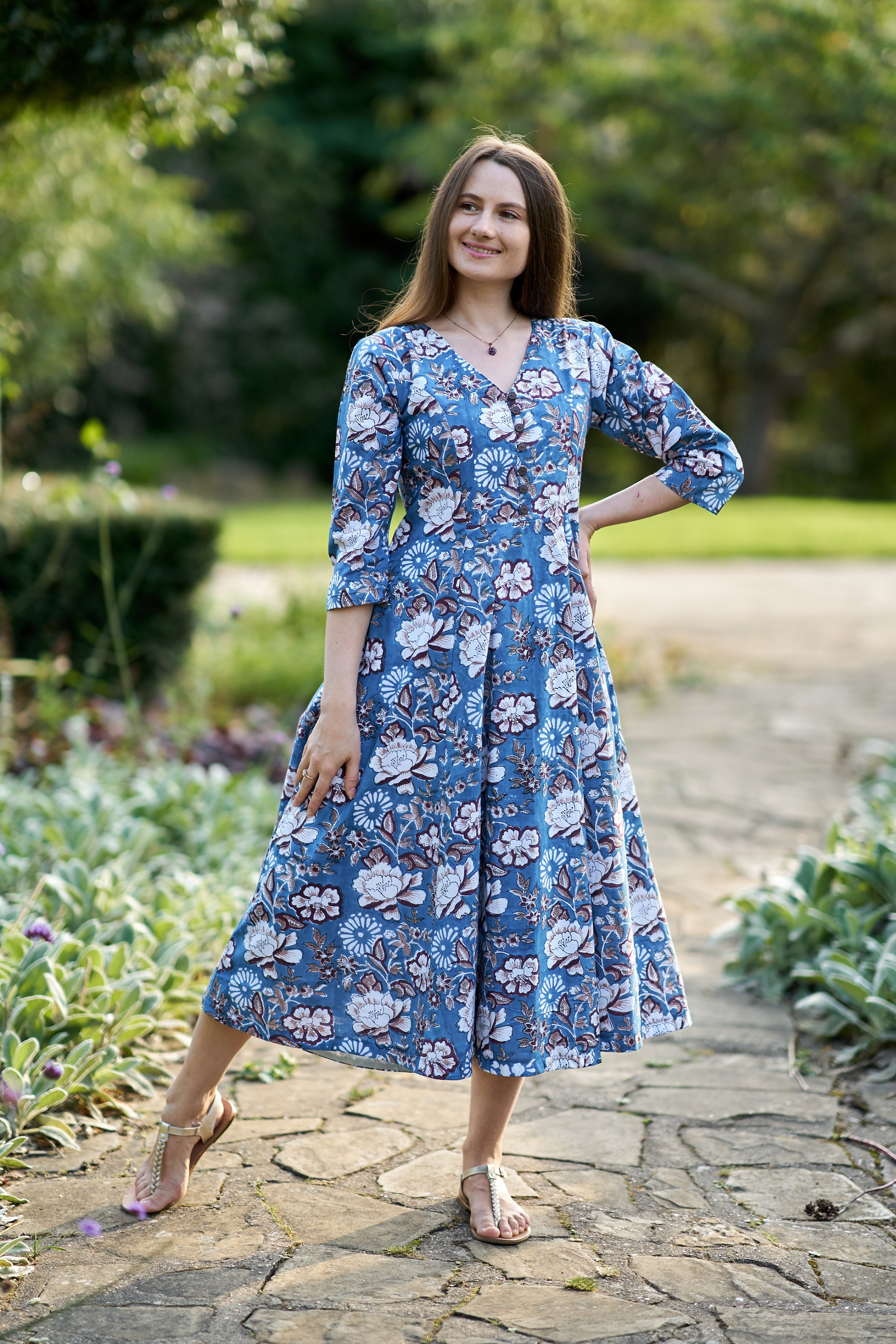 bohemian casual print dress Kanana - Hand Block Printed Dress,calf Length,floral,casual, occasional,handmade,ethical Fashion,panelled,blue,white,brown casual summer boho dresses