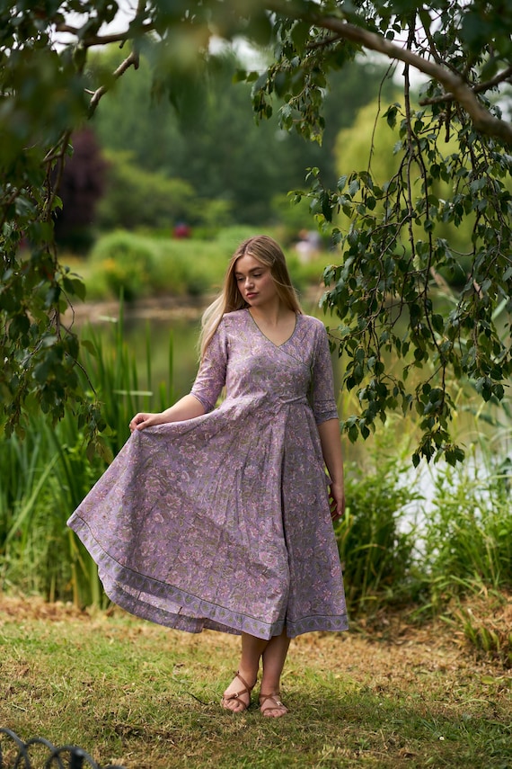 New Ayana Anarkali Dress,Pure Cotton,Hand Block Printed,Bohemian,Lilac,Green,Wrap Front Dress,Casual,Occasional,Ethical Fashion,Handcrafted
