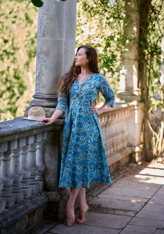 Leah-Dress,Calf Length,Hand Block Printed,Bohemian,Floral,Blue,Brown,Casual,Occasional,Handmade,Ethical Fashion,Panelled Leah-Dress,Calf Length,Hand Block Printed,Bohemian,Floral,Blue,Brown,Casual,Occasional,Handmade,Ethical Fashion,Panelled
