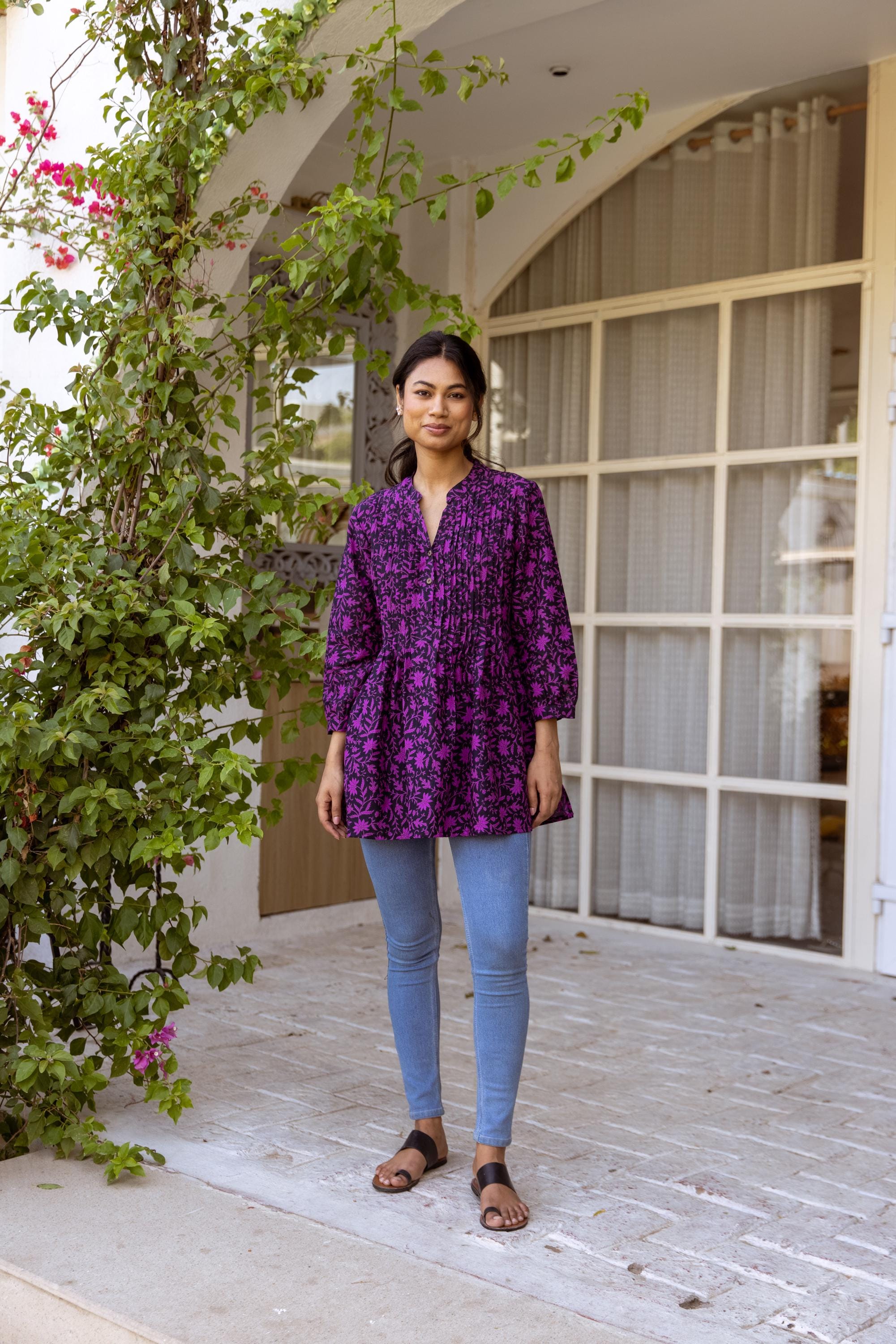 New Orchid Tunic Shirt,pure Cotton,hand Printed,holiday,casual