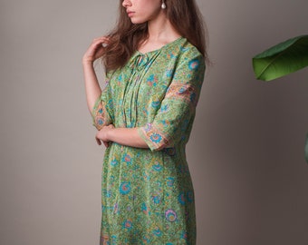 Miranda-Pure Silk Tunic Dress,Romantic,Beach,Green,Multicolour,Floral,Crepe de Chine,Bohemian,Handmade,Slow Fashion,Unique,Spring,Summer