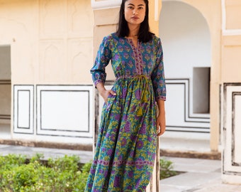 New Mohana Dress,Pure Cotton,Hand Block Printed,Bohemian,Casual-Occasional,Holiday,Summer,Lilac,Green,Handcrafted,Ethical Fashion